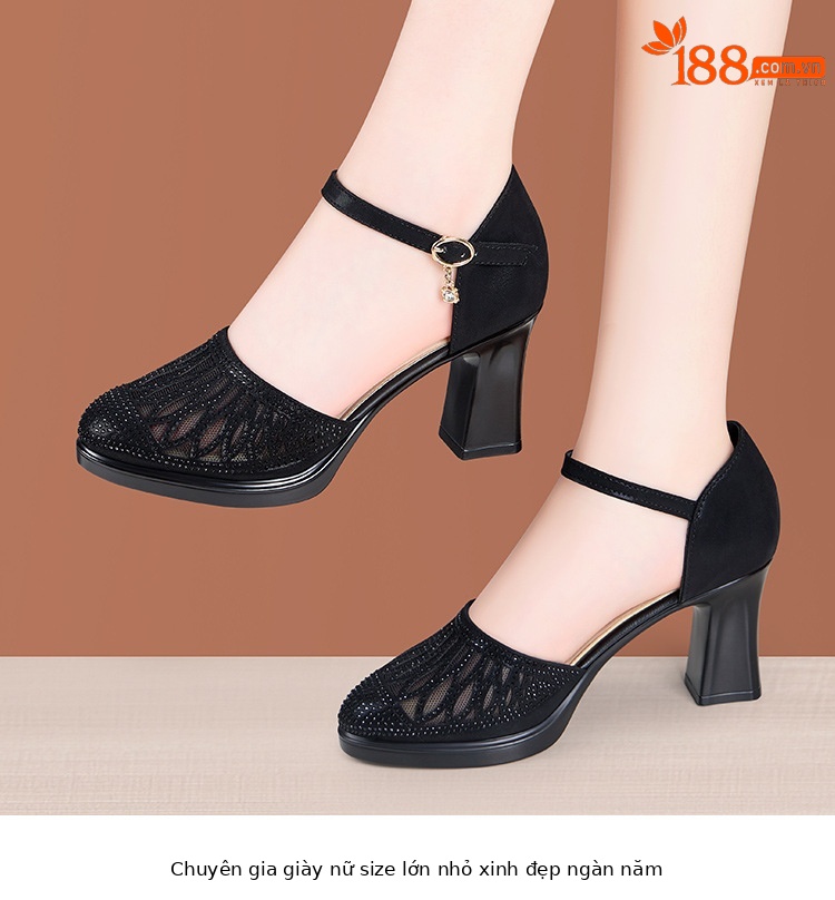 Sandal cao gót nữ đính đá lỗ mũi kín gót dày 5-7cm — Vàng 5cm, Đen 5cm, Vàng 7cm, Đen 7cm chi tiết 13