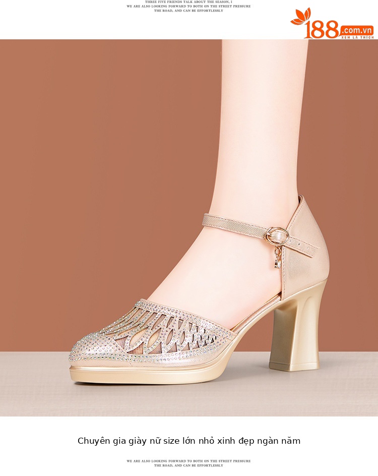 Sandal cao gót nữ đính đá lỗ mũi kín gót dày 5-7cm — Vàng 5cm, Đen 5cm, Vàng 7cm, Đen 7cm chi tiết 14
