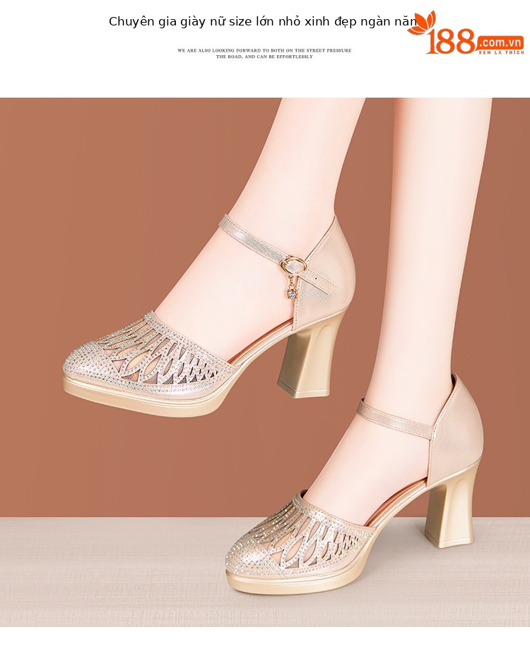 Sandal cao gót nữ đính đá lỗ mũi kín gót dày 5-7cm — Vàng 5cm, Đen 5cm, Vàng 7cm, Đen 7cm chi tiết 15