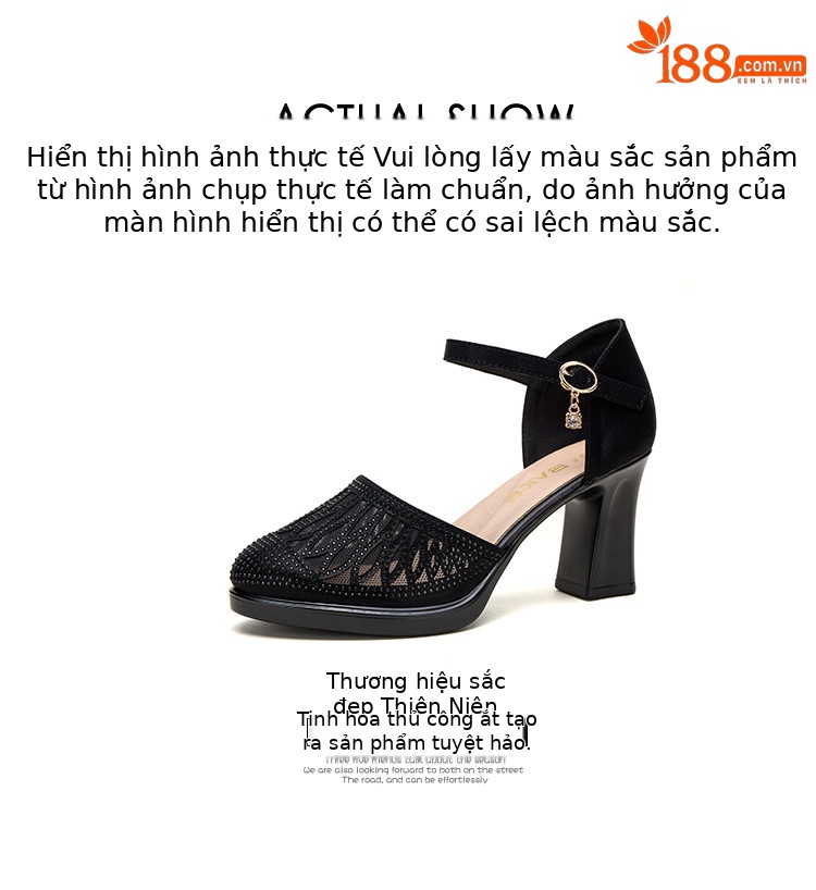 Sandal cao gót nữ đính đá lỗ mũi kín gót dày 5-7cm — Vàng 5cm, Đen 5cm, Vàng 7cm, Đen 7cm chi tiết 16