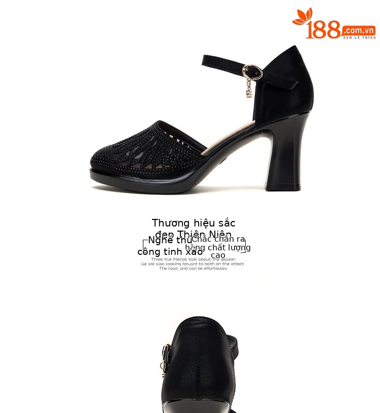 Sandal cao gót nữ đính đá lỗ mũi kín gót dày 5-7cm — Vàng 5cm, Đen 5cm, Vàng 7cm, Đen 7cm chi tiết 17