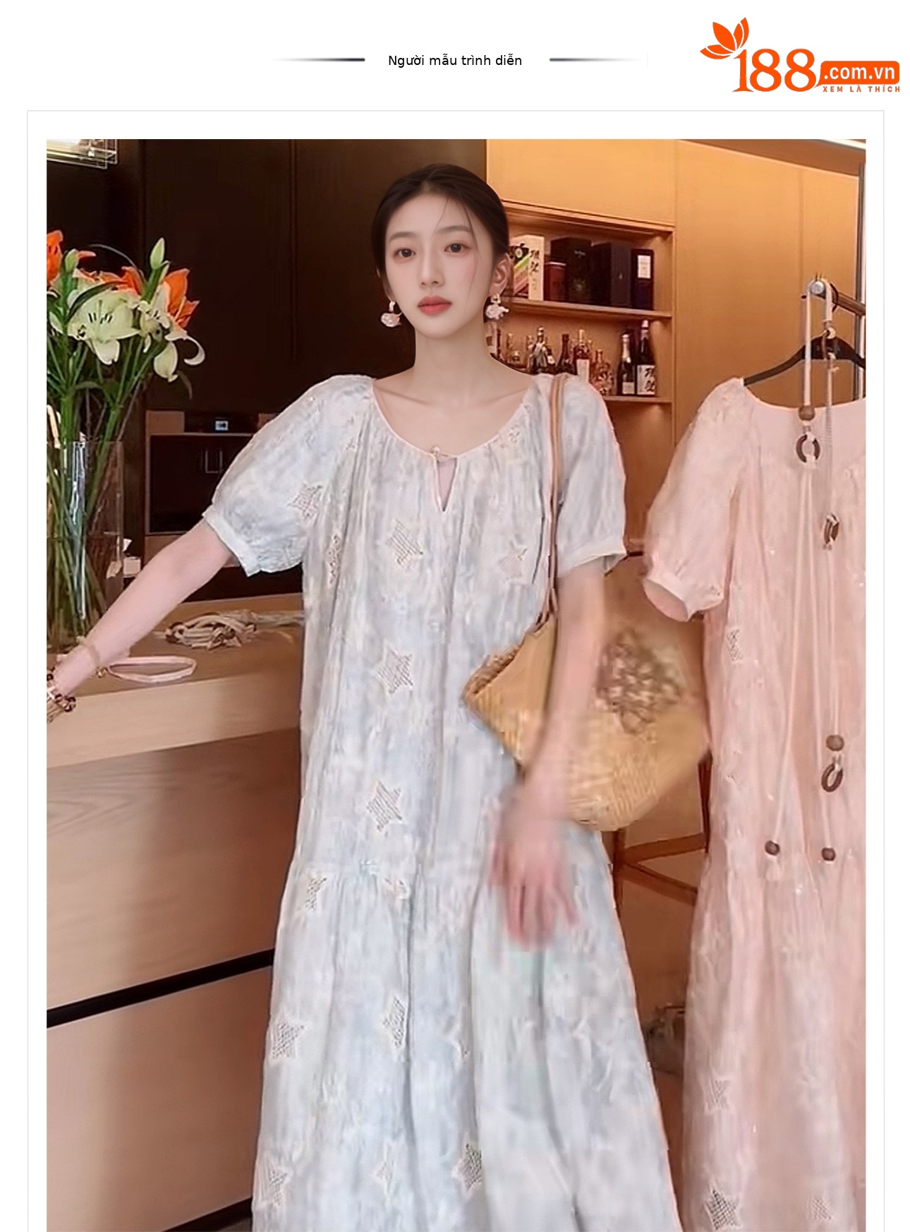 Váy maxi cổ tròn kiểu Pháp thêu ngôi sao phong cách ngọt ngào — màu xanh nhạt chi tiết 1