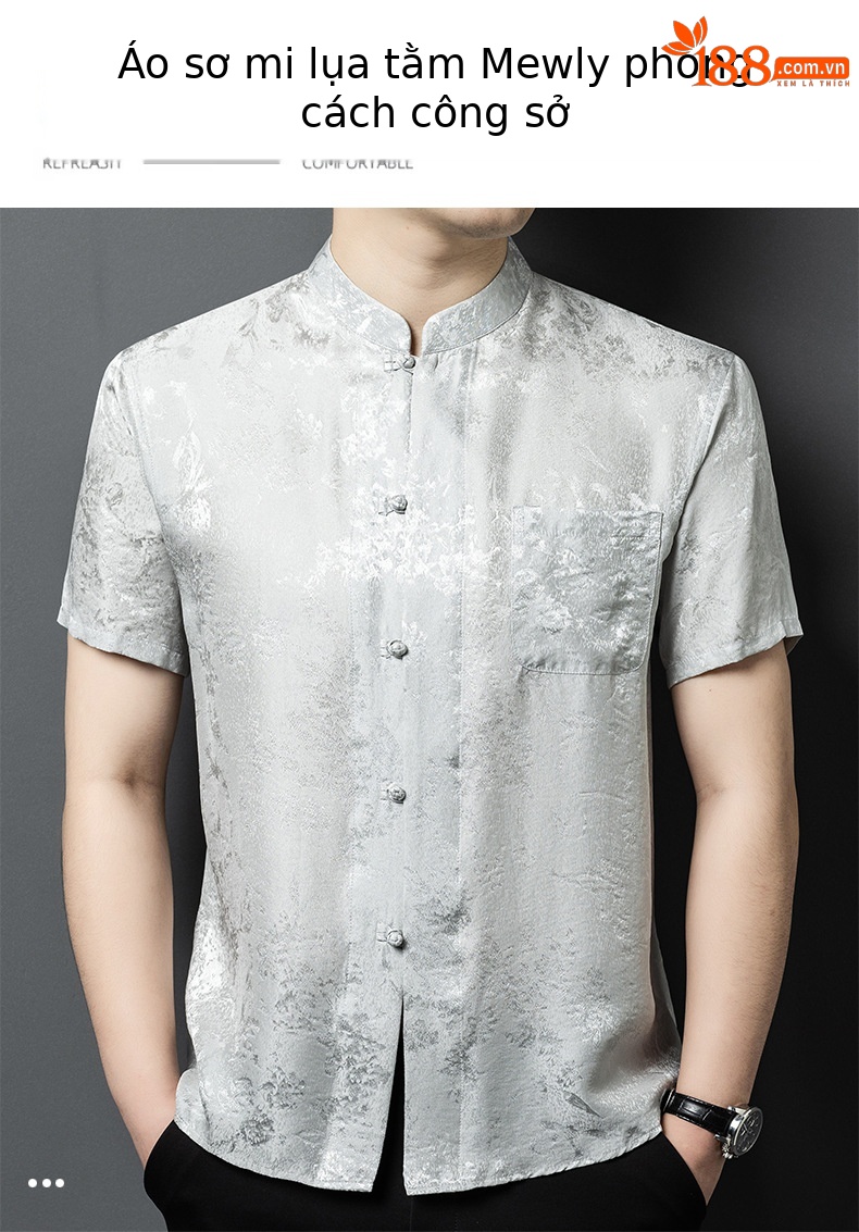 Áo sơ mi nam cổ đứng tay ngắn chất lụa tơ tằm jacquard phong cách Trung Hoa — Màu xám 25169 chi tiết 1