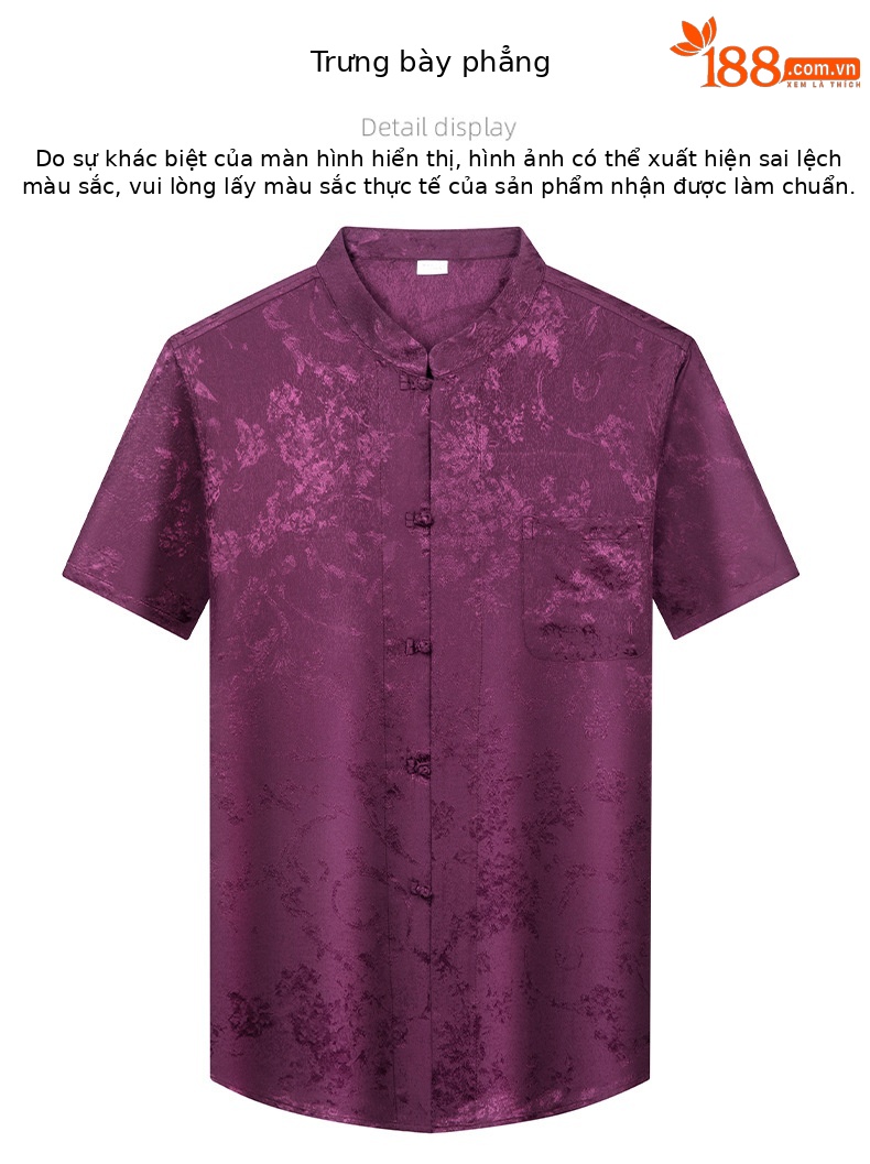 Áo sơ mi nam cổ đứng tay ngắn chất lụa tơ tằm jacquard phong cách Trung Hoa — Màu xám 25169 chi tiết 8