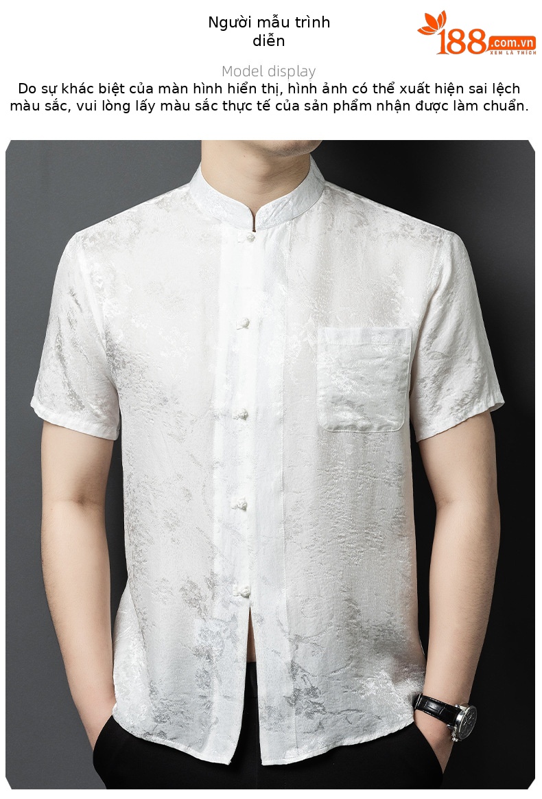 Áo sơ mi nam cổ đứng tay ngắn chất lụa tơ tằm jacquard phong cách Trung Hoa — Màu xám 25169 chi tiết 9