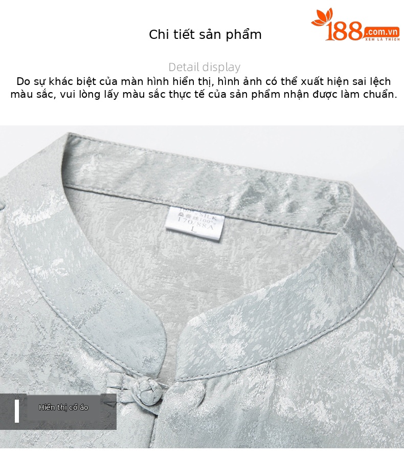 Áo sơ mi nam cổ đứng tay ngắn chất lụa tơ tằm jacquard phong cách Trung Hoa — Màu xám 25169 chi tiết 18