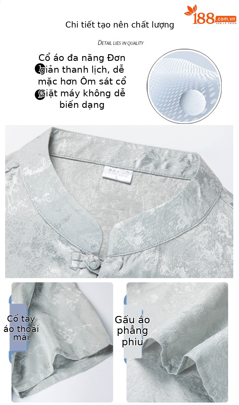 Áo sơ mi nam cổ đứng tay ngắn chất lụa tơ tằm jacquard phong cách Trung Hoa — Màu xám 25169 chi tiết 6