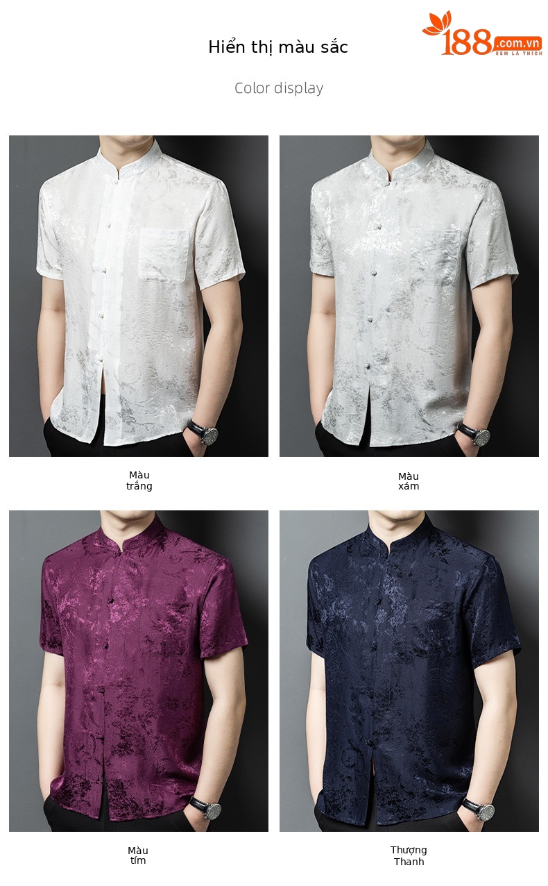 Áo sơ mi nam cổ đứng tay ngắn chất lụa tơ tằm jacquard phong cách Trung Hoa — Màu xám 25169 chi tiết 7