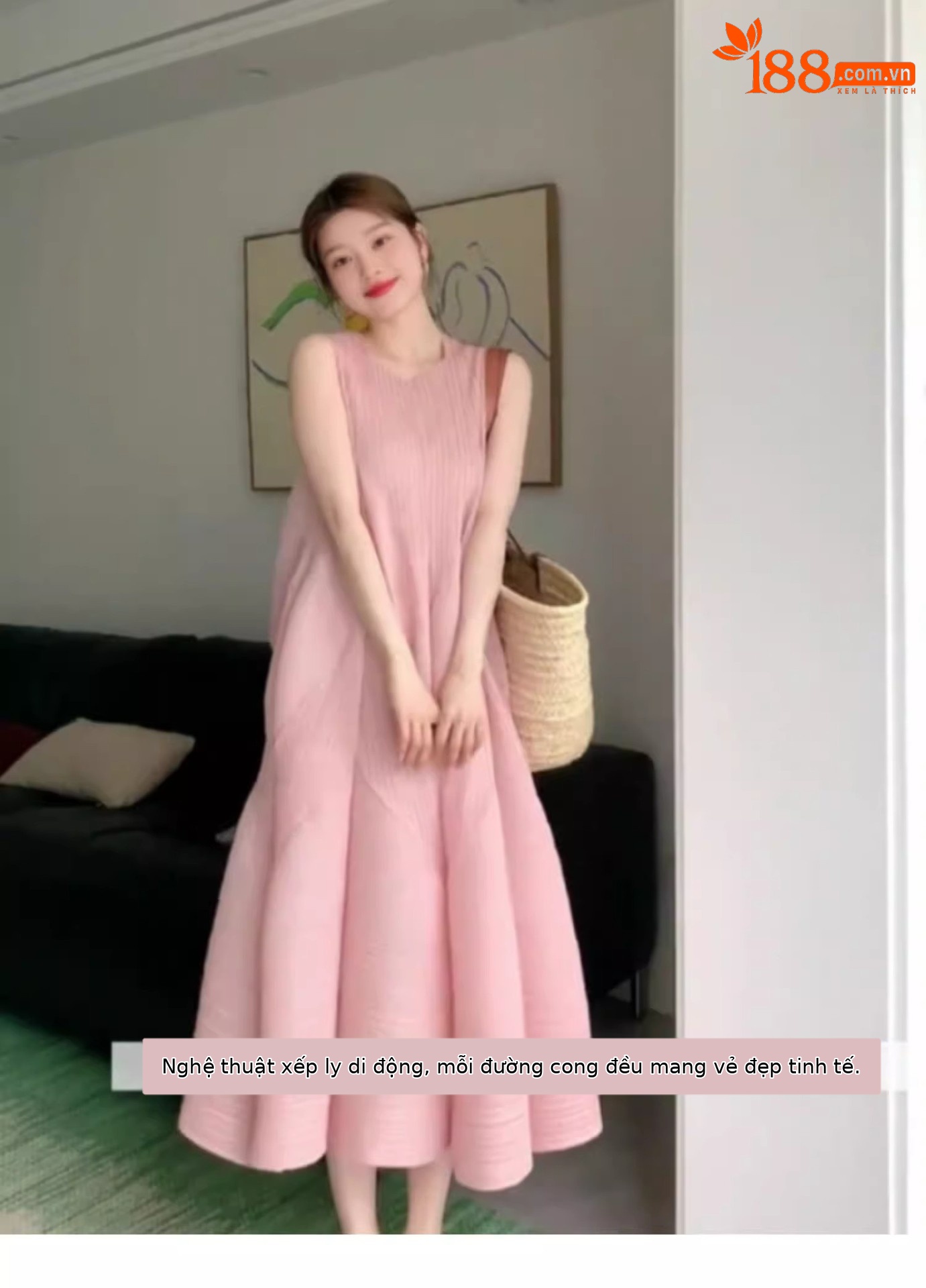 Váy maxi nữ áo ba lỗ không tay thắt eo dáng suông rộng họa tiết nụ hoa mùa hè — Màu đen chi tiết 2