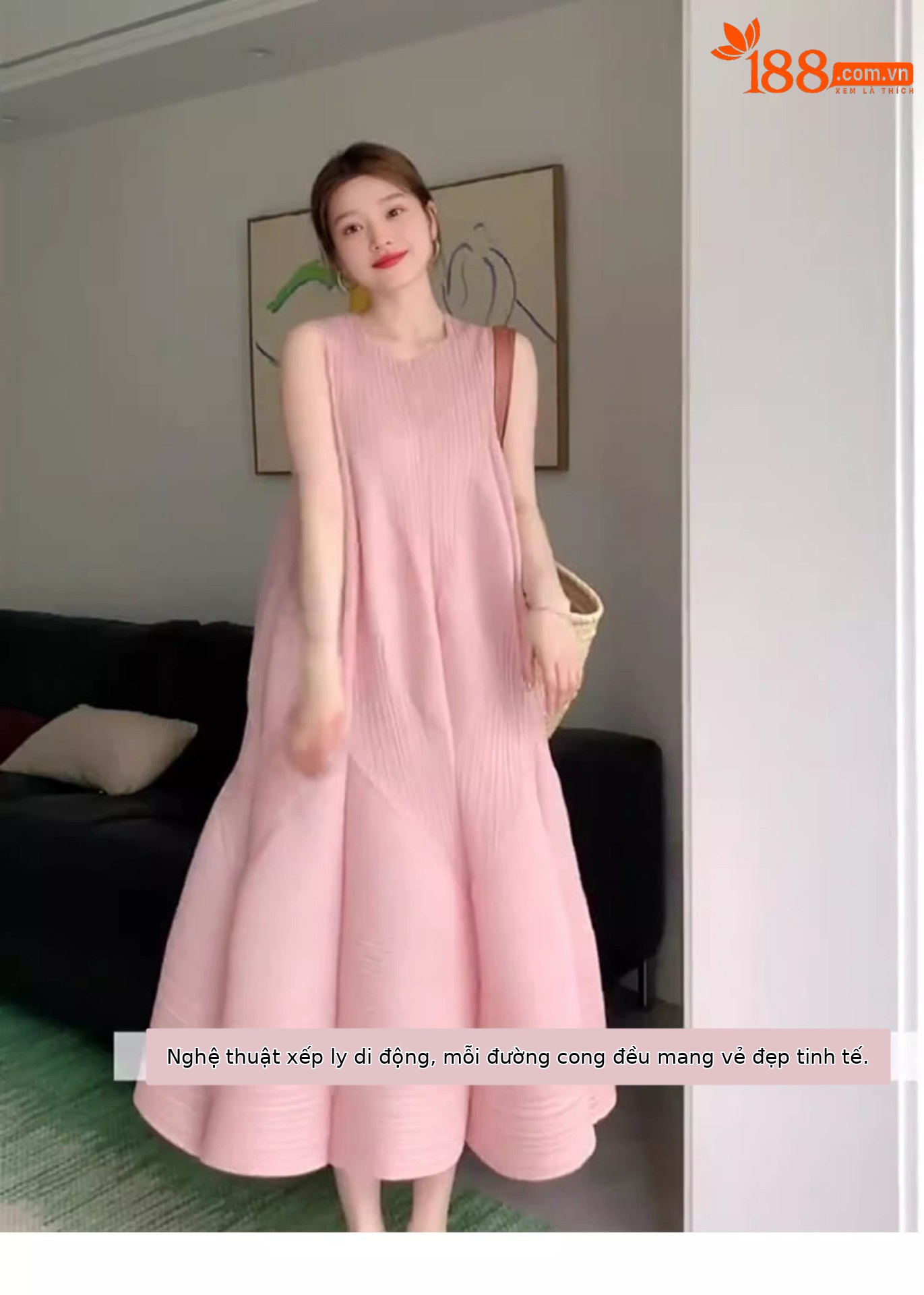 Váy maxi nữ áo ba lỗ không tay thắt eo dáng suông rộng họa tiết nụ hoa mùa hè — Màu đen chi tiết 3