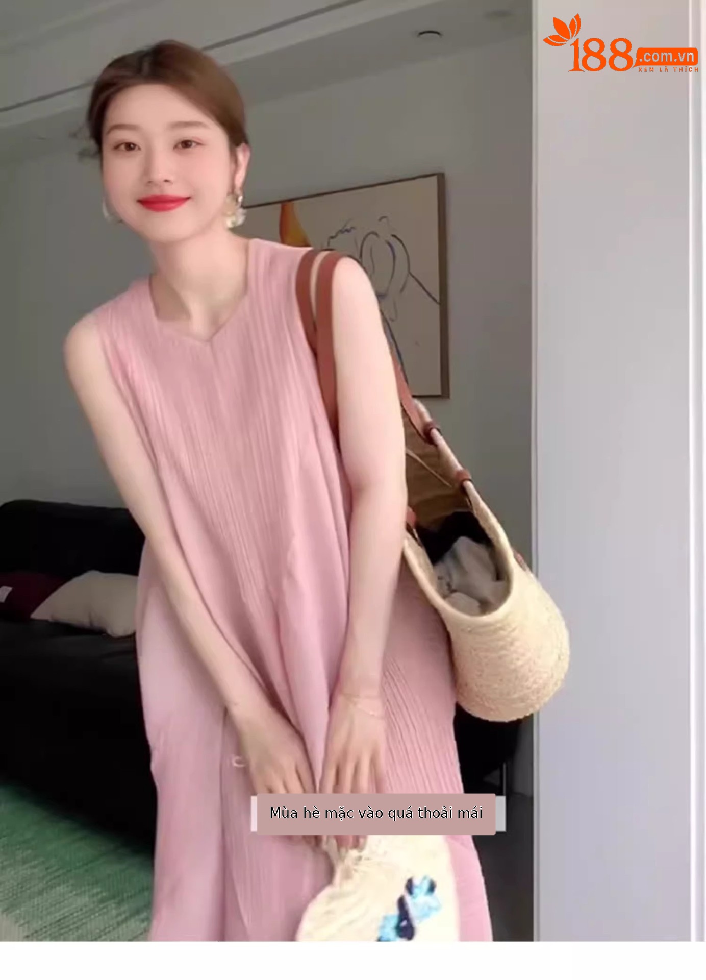 Váy maxi nữ áo ba lỗ không tay thắt eo dáng suông rộng họa tiết nụ hoa mùa hè — Màu đen chi tiết 9