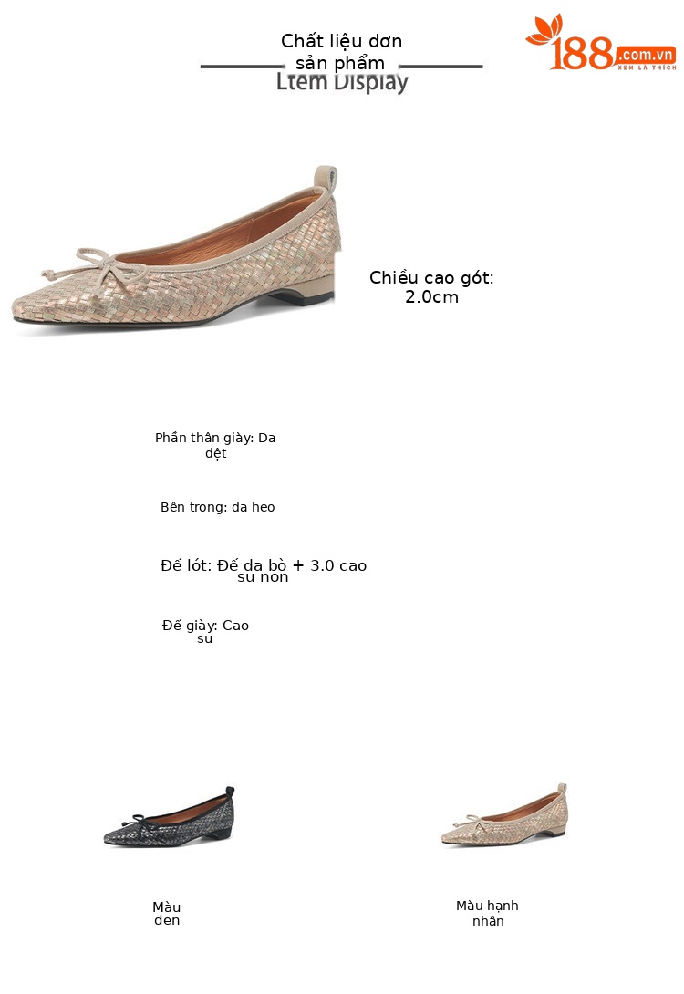 Giày lười nữ mũi vuông da bò thật phối nơ, gót thấp 2–3 cm, form miệng nông — Màu đen, Màu mơ chi tiết 7