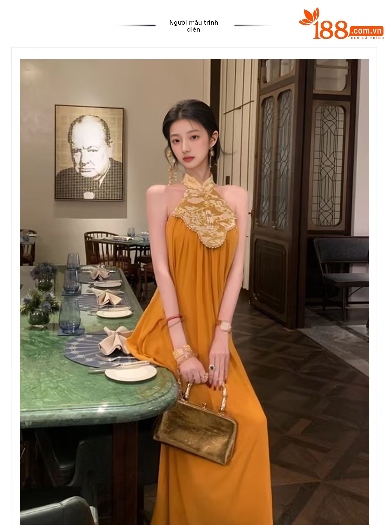 Váy dài maxi thiết kế cổ sườn xám phong cách Tân Trung Hoa, thắt eo duyên dáng — Màu cam, Màu mơ chi tiết 1