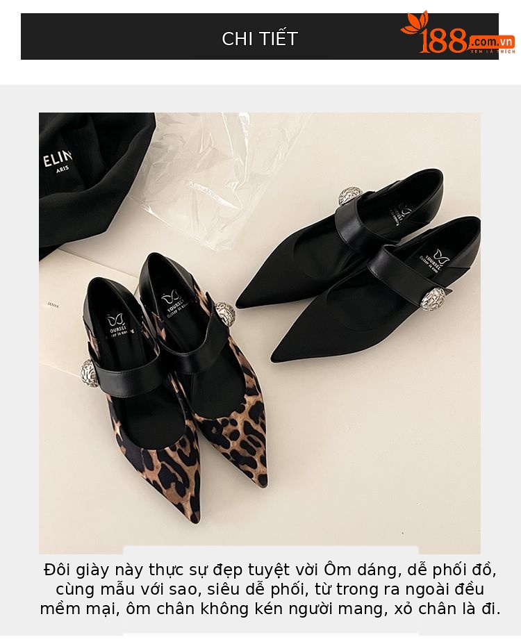 Giày cao gót đế xuồng mũi nhọn họa tiết báo đốm đính ngọc trai phong cách retro — in da báo, đen chi tiết 3