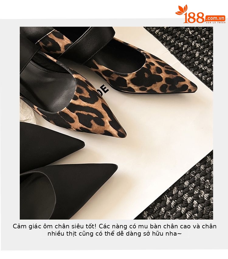 Giày cao gót đế xuồng mũi nhọn họa tiết báo đốm đính ngọc trai phong cách retro — in da báo, đen chi tiết 5