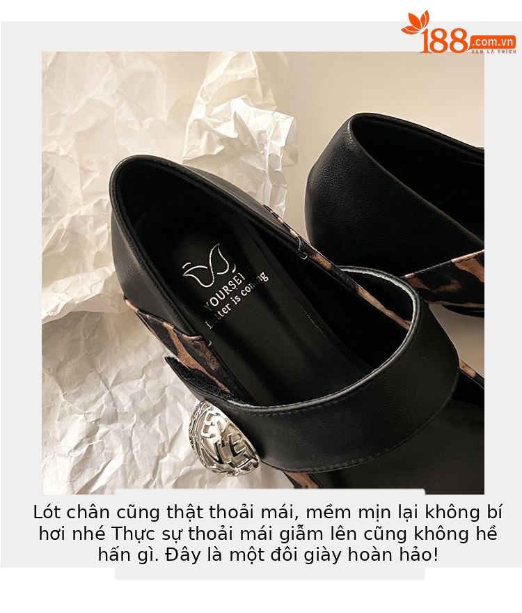 Giày cao gót đế xuồng mũi nhọn họa tiết báo đốm đính ngọc trai phong cách retro — in da báo, đen chi tiết 6