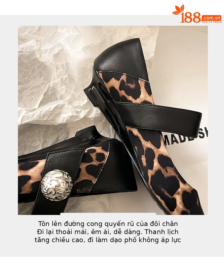 Giày cao gót đế xuồng mũi nhọn họa tiết báo đốm đính ngọc trai phong cách retro — in da báo, đen chi tiết 7