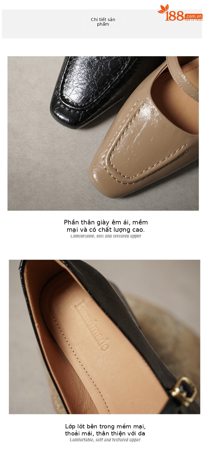 Giày Mary Jane nữ mũi vuông quai ngang một dây khóa, da thật phong cách retro Hàn Quốc — đen, mơ chi tiết 11