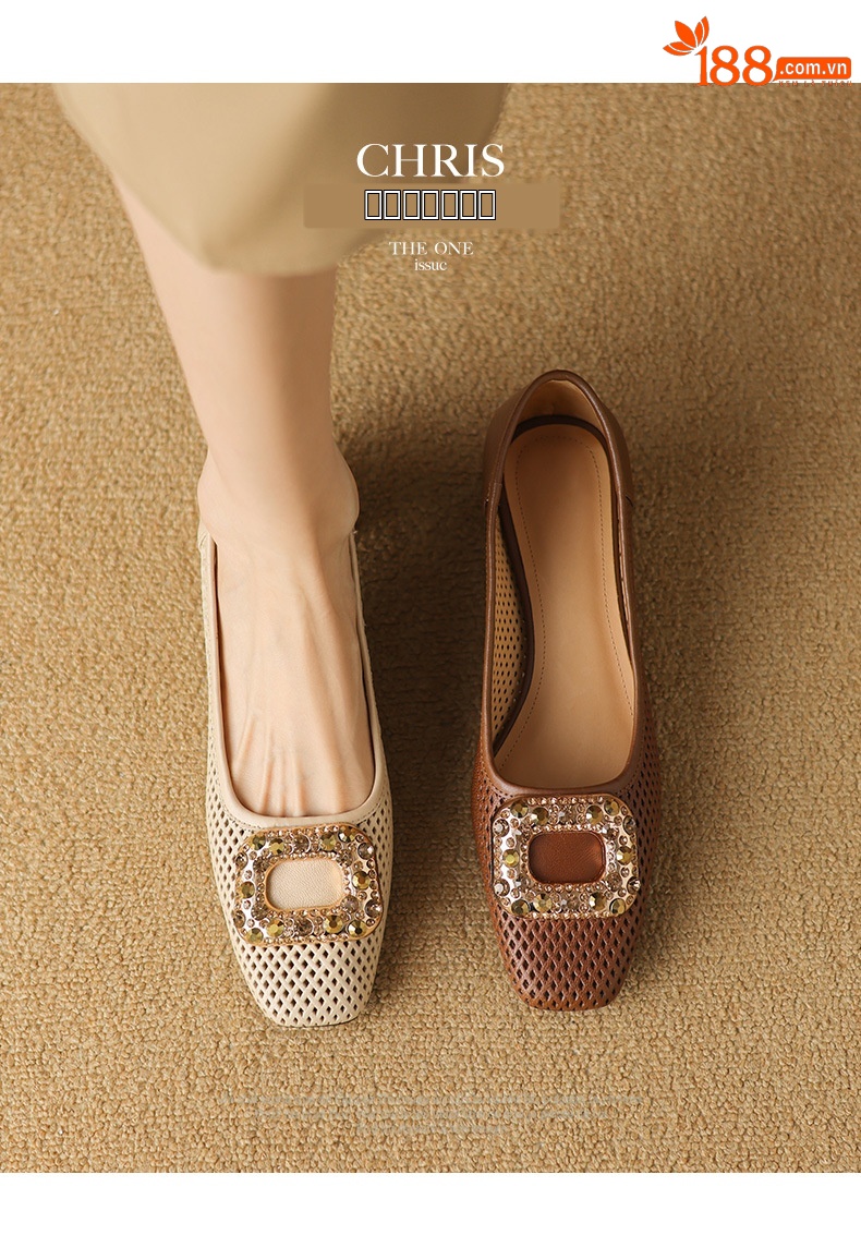 Giày cao gót nữ gót vuông ổn định, mũi nhọn hở mũi, đính đá rhinestone, da cừu mềm, gót 3 cm — Màu nâu chi tiết 1