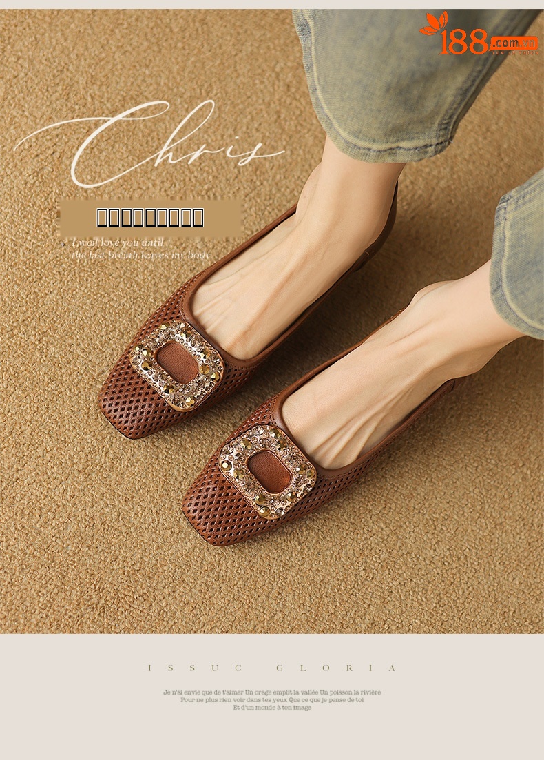 Giày cao gót nữ gót vuông ổn định, mũi nhọn hở mũi, đính đá rhinestone, da cừu mềm, gót 3 cm — Màu nâu chi tiết 2