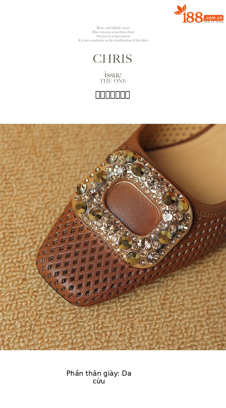Giày cao gót nữ gót vuông ổn định, mũi nhọn hở mũi, đính đá rhinestone, da cừu mềm, gót 3 cm — Màu nâu chi tiết 14