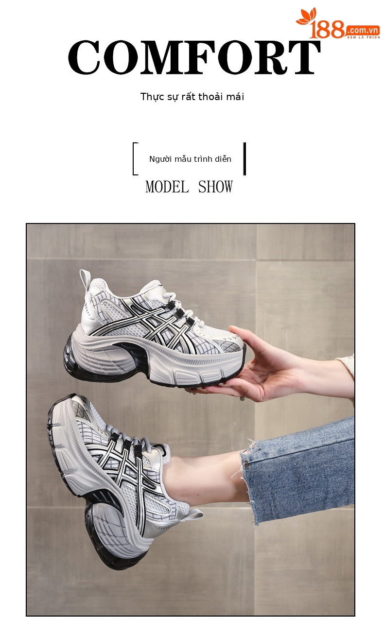 Giày sneaker chunky nữ đế dày tăng chiều cao mặt lưới thoáng khí — Màu be chi tiết 11