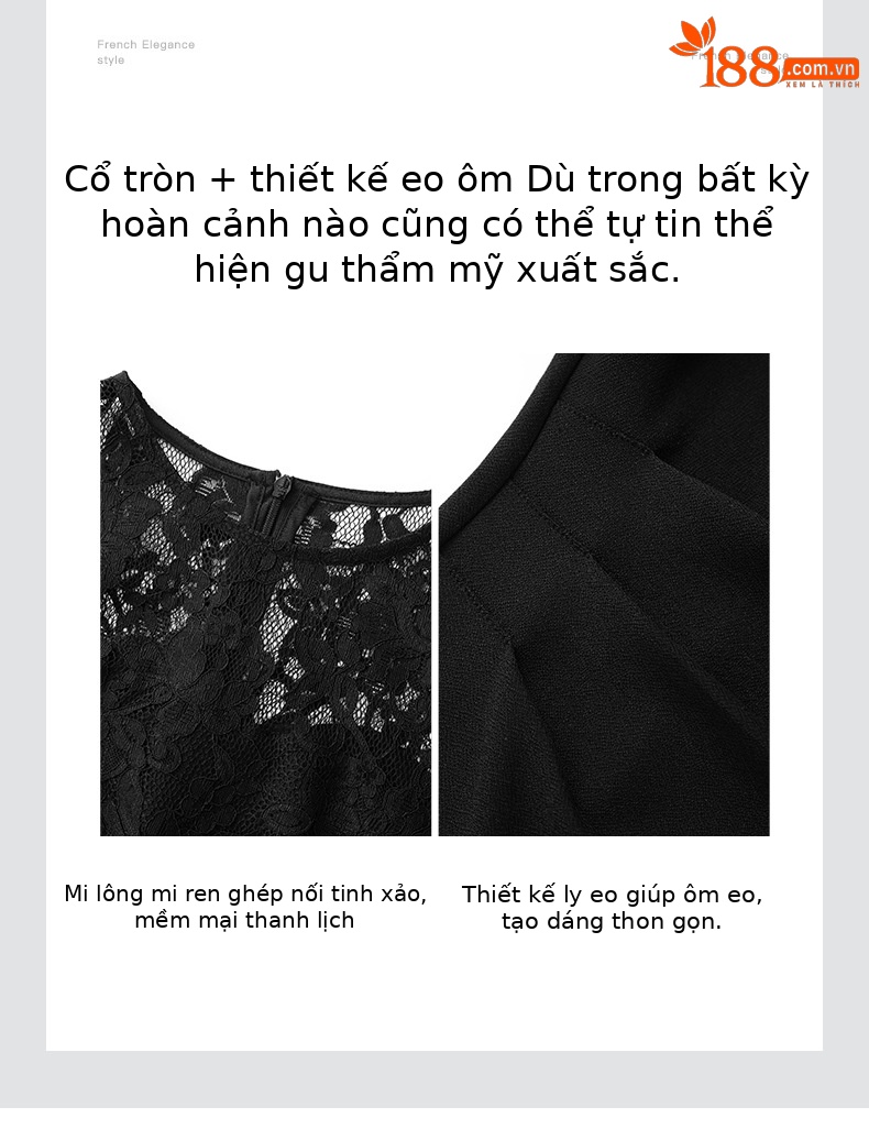 Váy liền thời trang phối ren xếp ly thắt eo phong cách Trung Hoa mùa hè — Màu đen chi tiết 5