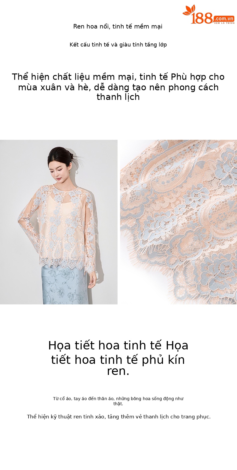 Áo sơ mi ren jacquard phong cách Pháp thanh lịch tay dài — Màu hồng chi tiết 7