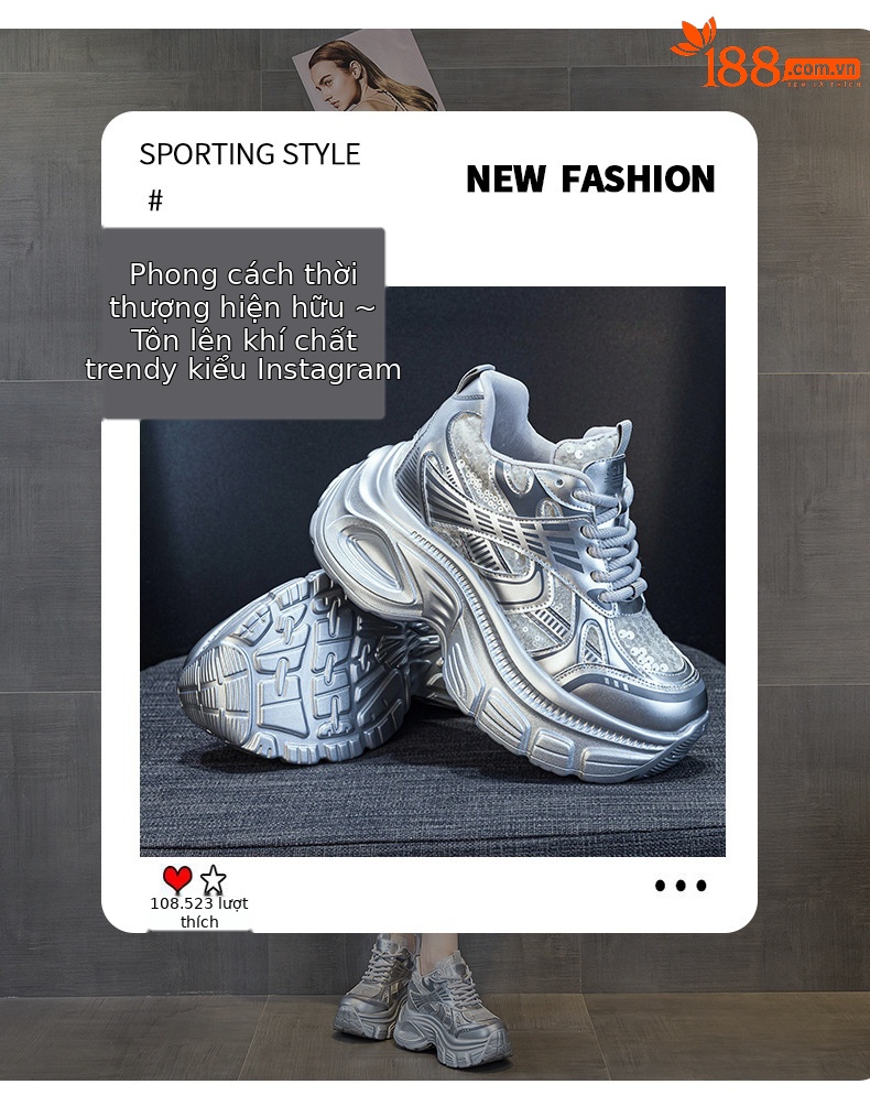 Giày sneaker chunky đế dày độn cao bên trong nữ phong cách thể thao thời trang mùa hè 2025 — M2832 màu đỏ, M2832 màu be, M2832 màu bạc chi tiết 3