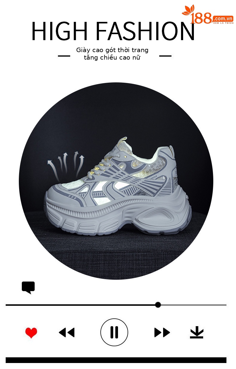 Giày sneaker chunky đế dày độn cao bên trong nữ phong cách thể thao thời trang mùa hè 2025 — M2832 màu đỏ, M2832 màu be, M2832 màu bạc chi tiết 5