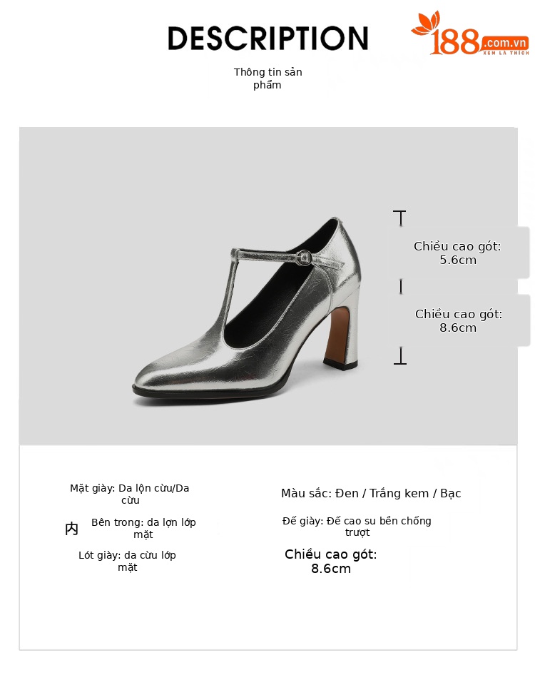 Giày Mary Jane nữ quai ngang khóa chữ T, gót cao retro — Đen [da cừu] chi tiết 2