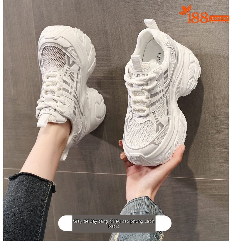 Giày sneaker nữ chunky đế dày lưới thoáng khí tăng chiều cao — Màu trắng chi tiết 1