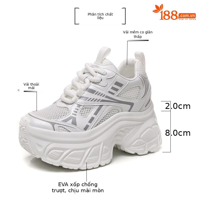 Giày sneaker nữ chunky đế dày lưới thoáng khí tăng chiều cao — Màu trắng chi tiết 3