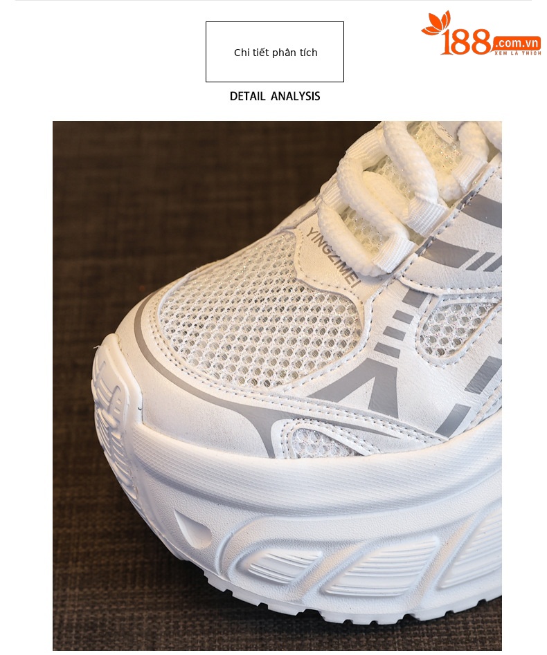Giày sneaker nữ chunky đế dày lưới thoáng khí tăng chiều cao — Màu trắng chi tiết 7