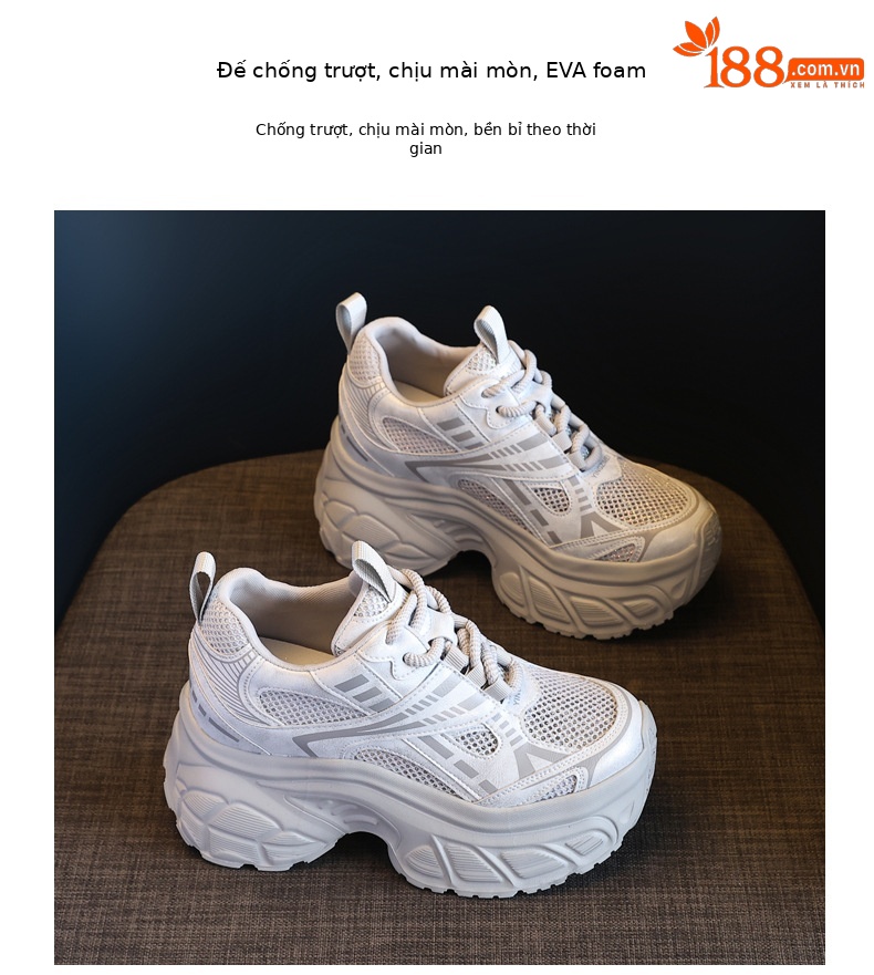 Giày sneaker nữ chunky đế dày lưới thoáng khí tăng chiều cao — Màu trắng chi tiết 10