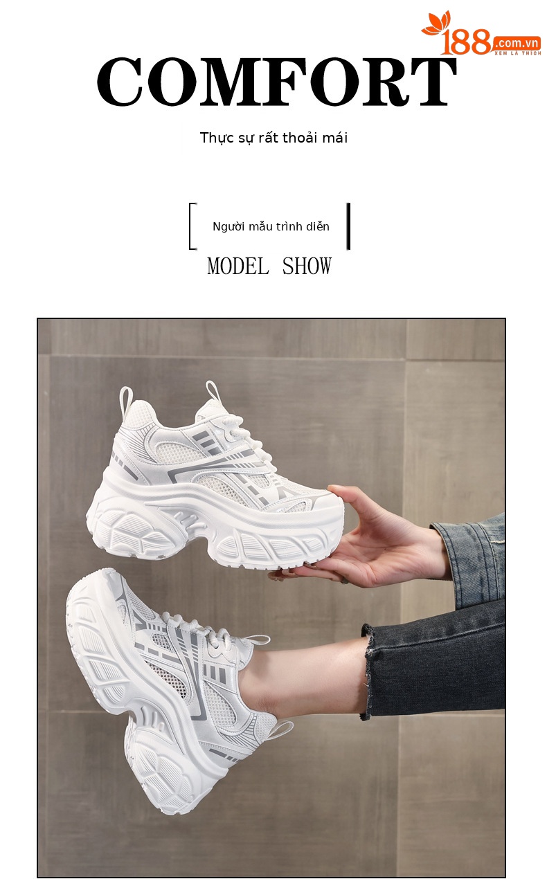 Giày sneaker nữ chunky đế dày lưới thoáng khí tăng chiều cao — Màu trắng chi tiết 11