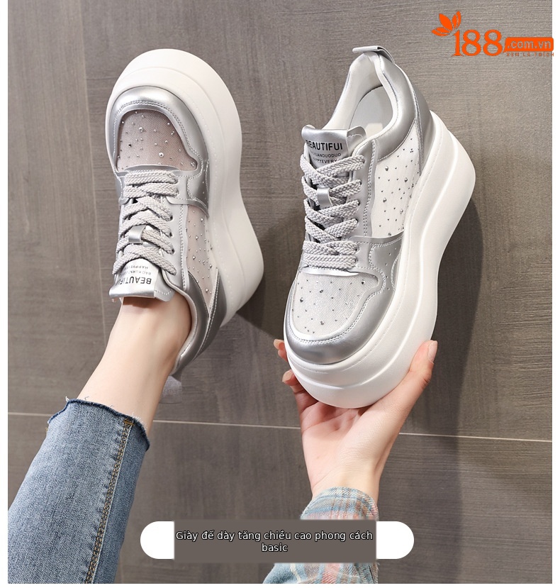 Giày sneaker nữ đế dày tăng chiều cao, mặt lưới thoáng khí, phối trắng đa năng — bạc trắng chi tiết 1