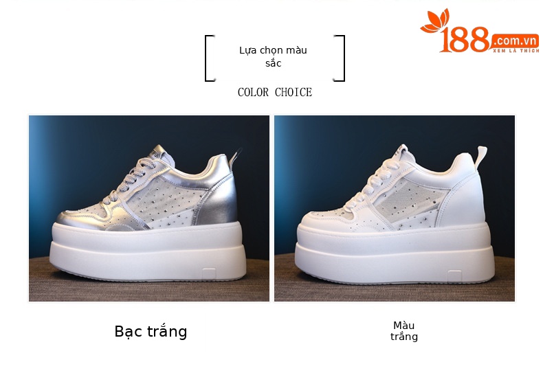 Giày sneaker nữ đế dày tăng chiều cao, mặt lưới thoáng khí, phối trắng đa năng — bạc trắng chi tiết 2