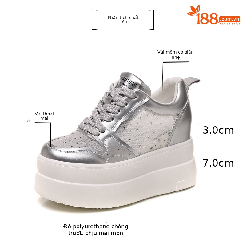 Giày sneaker nữ đế dày tăng chiều cao, mặt lưới thoáng khí, phối trắng đa năng — bạc trắng chi tiết 3