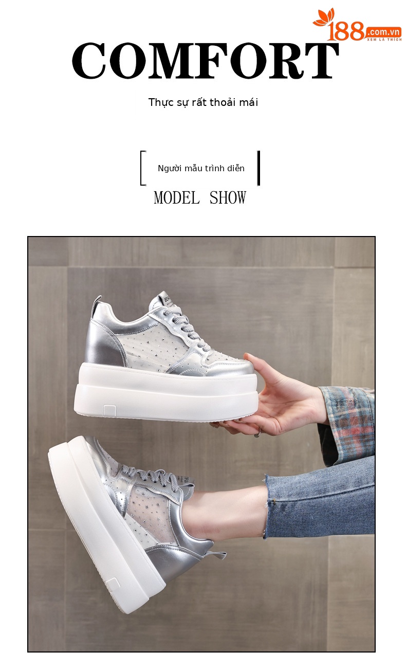 Giày sneaker nữ đế dày tăng chiều cao, mặt lưới thoáng khí, phối trắng đa năng — bạc trắng chi tiết 11