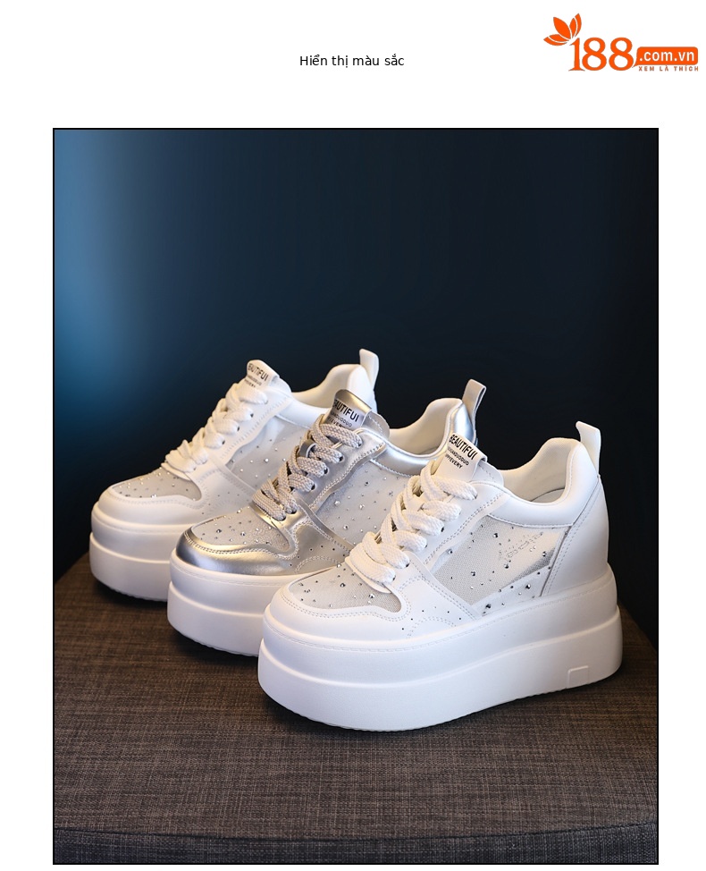 Giày sneaker nữ đế dày tăng chiều cao, mặt lưới thoáng khí, phối trắng đa năng — bạc trắng chi tiết 18