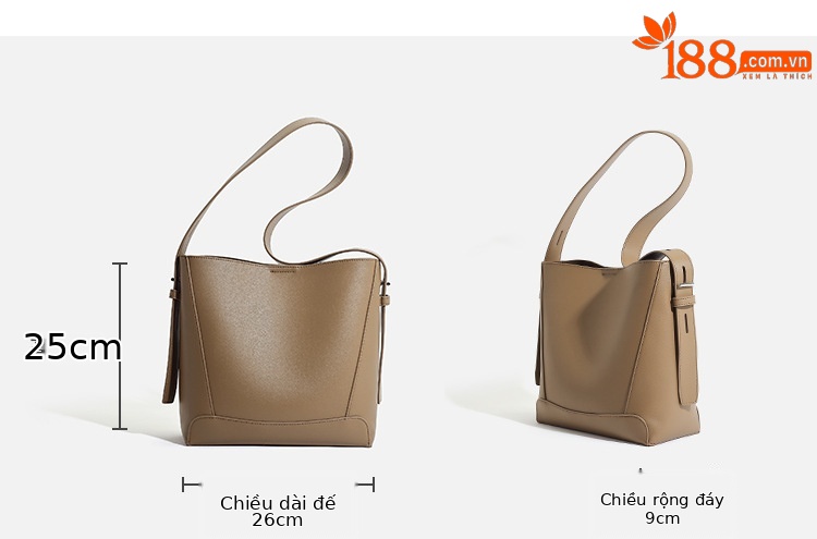 Túi bucket nữ da mềm dung tích lớn kiểu tote đi làm, đeo chéo một bên vai — Màu kaki, Màu đen, Màu cà phê, Màu be chi tiết 3