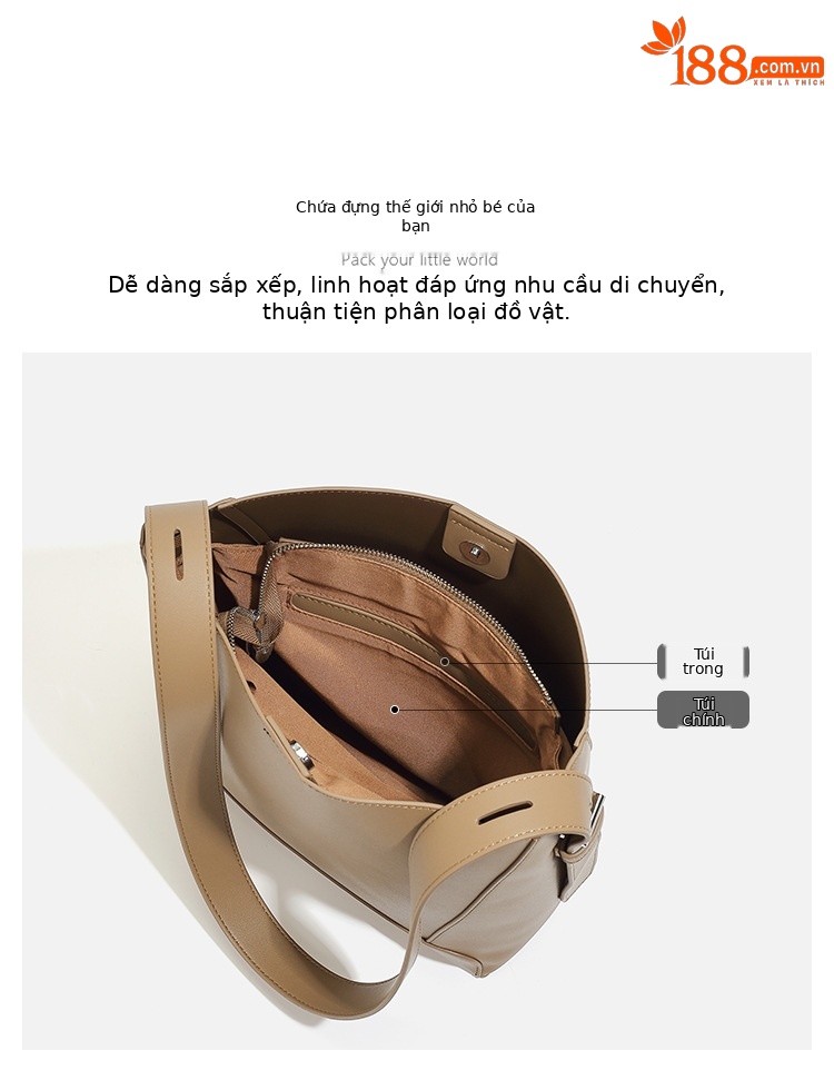 Túi bucket nữ da mềm dung tích lớn kiểu tote đi làm, đeo chéo một bên vai — Màu kaki, Màu đen, Màu cà phê, Màu be chi tiết 10