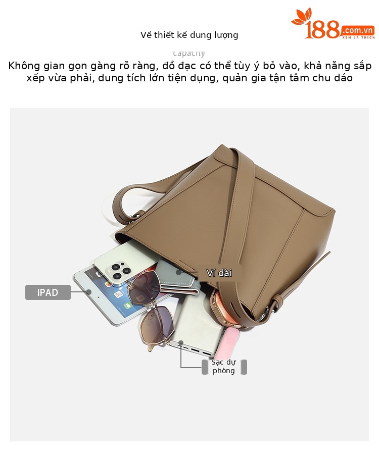 Túi bucket nữ da mềm dung tích lớn kiểu tote đi làm, đeo chéo một bên vai — Màu kaki, Màu đen, Màu cà phê, Màu be chi tiết 12