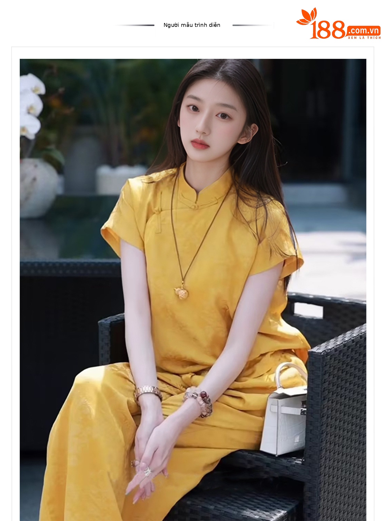Bộ áo quần hai mảnh phong cách Trung Hoa mới cổ đứng jacquard mùa hè — Áo màu vàng, Quần dài màu vàng chi tiết 1