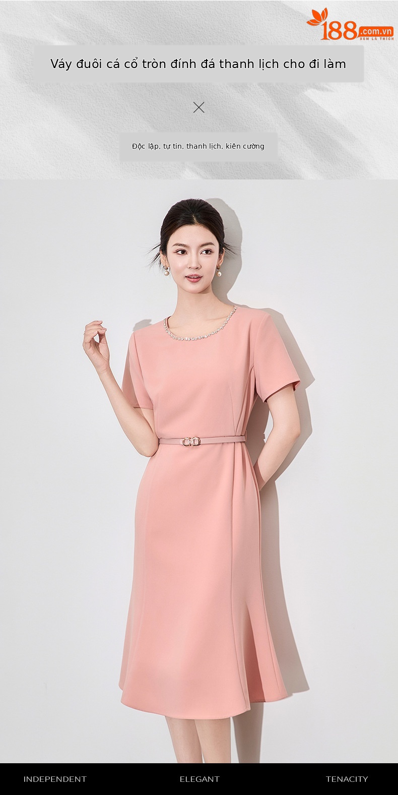 Váy đuôi cá nữ tay ngắn cổ tròn đính đá cao cấp — Hồng da chi tiết 1