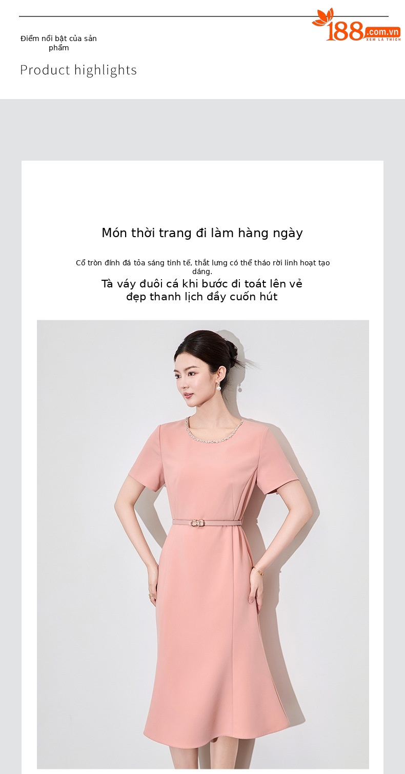 Váy đuôi cá nữ tay ngắn cổ tròn đính đá cao cấp — Hồng da chi tiết 4