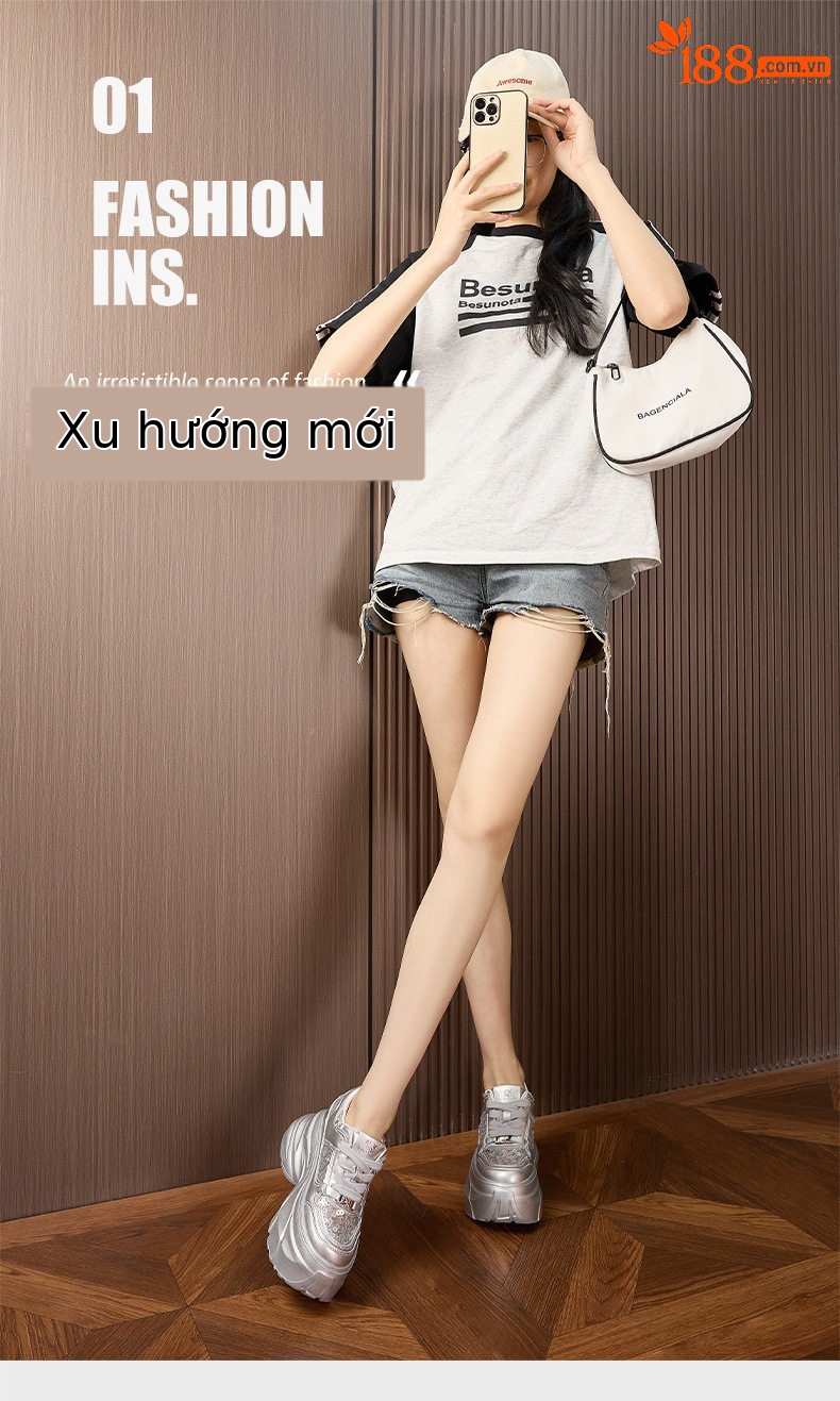 Giày thể thao đế xuồng platform nữ đế dày 8 cm, mũi tròn, dây buộc phối lưới thoáng khí — Bạc, Trắng chi tiết 2