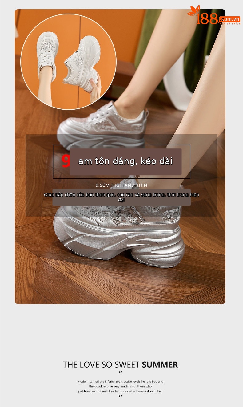 Giày thể thao đế xuồng platform nữ đế dày 8 cm, mũi tròn, dây buộc phối lưới thoáng khí — Bạc, Trắng chi tiết 9