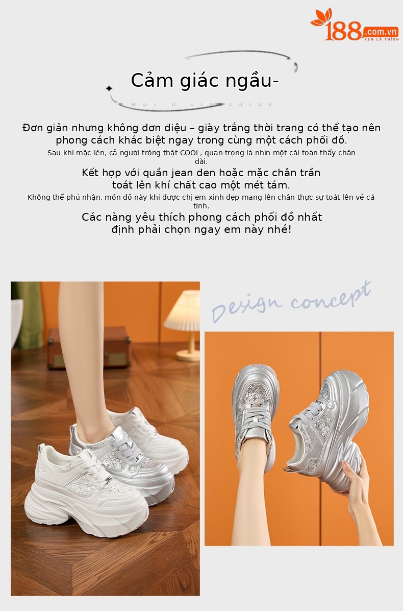 Giày thể thao đế xuồng platform nữ đế dày 8 cm, mũi tròn, dây buộc phối lưới thoáng khí — Bạc, Trắng chi tiết 4